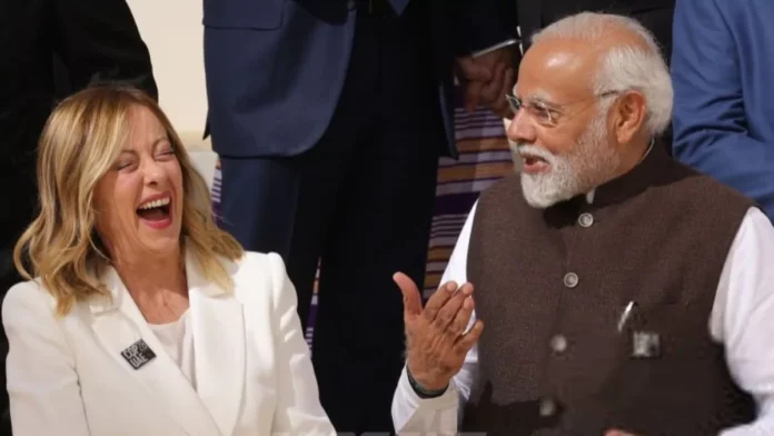 Indian PM Narendra Modi and Italian PM Giorgia Meloni