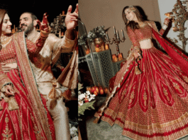 Mehreen Pirzada Stuns in Red Lehenga by Pakistani Designer at Wedding Celebration