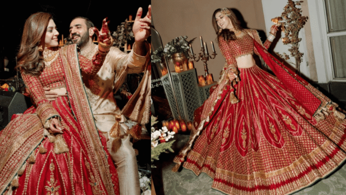 Mehreen Pirzada Stuns in Red Lehenga by Pakistani Designer at Wedding Celebration